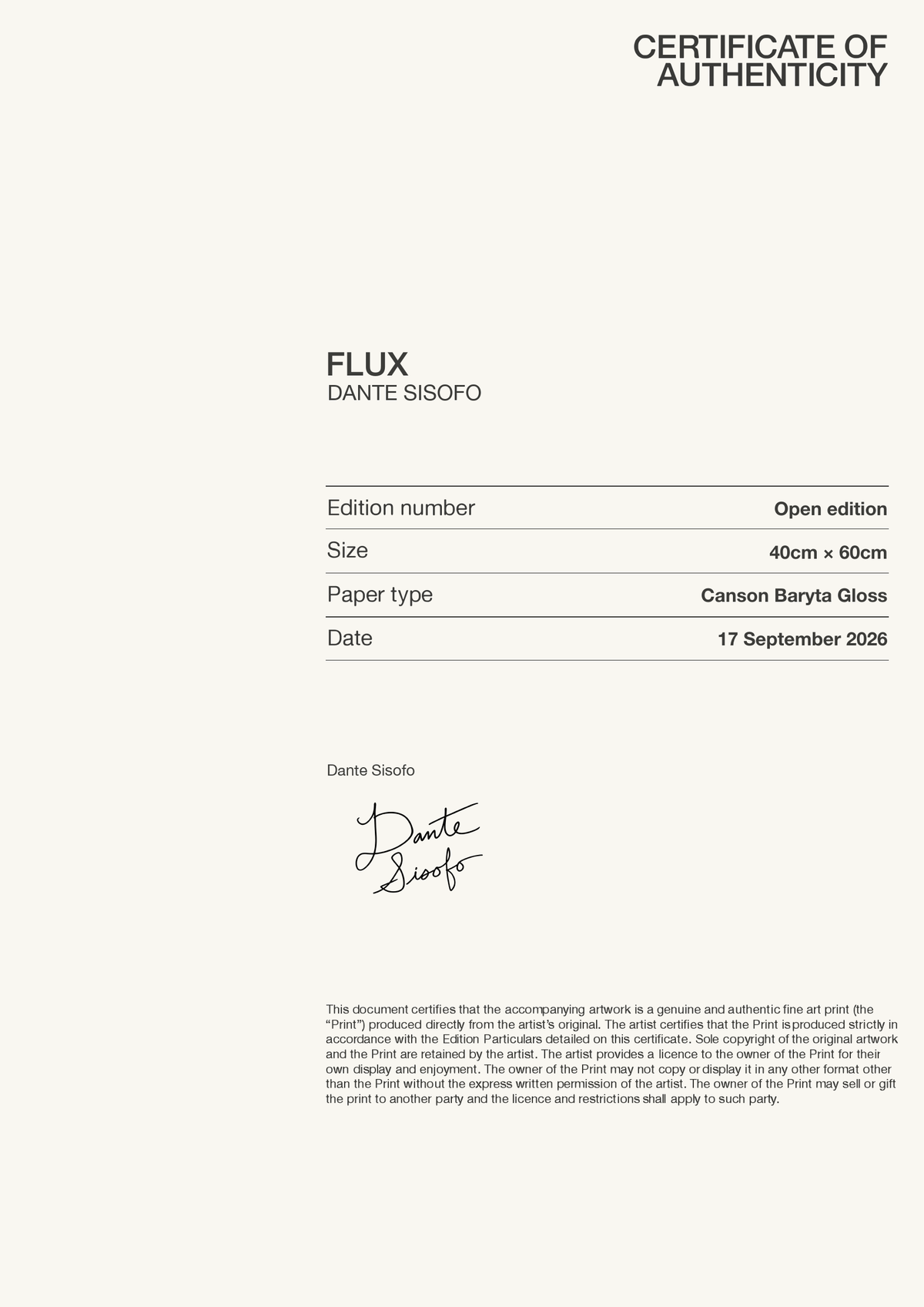 FLUX — Certificate of Authenticity